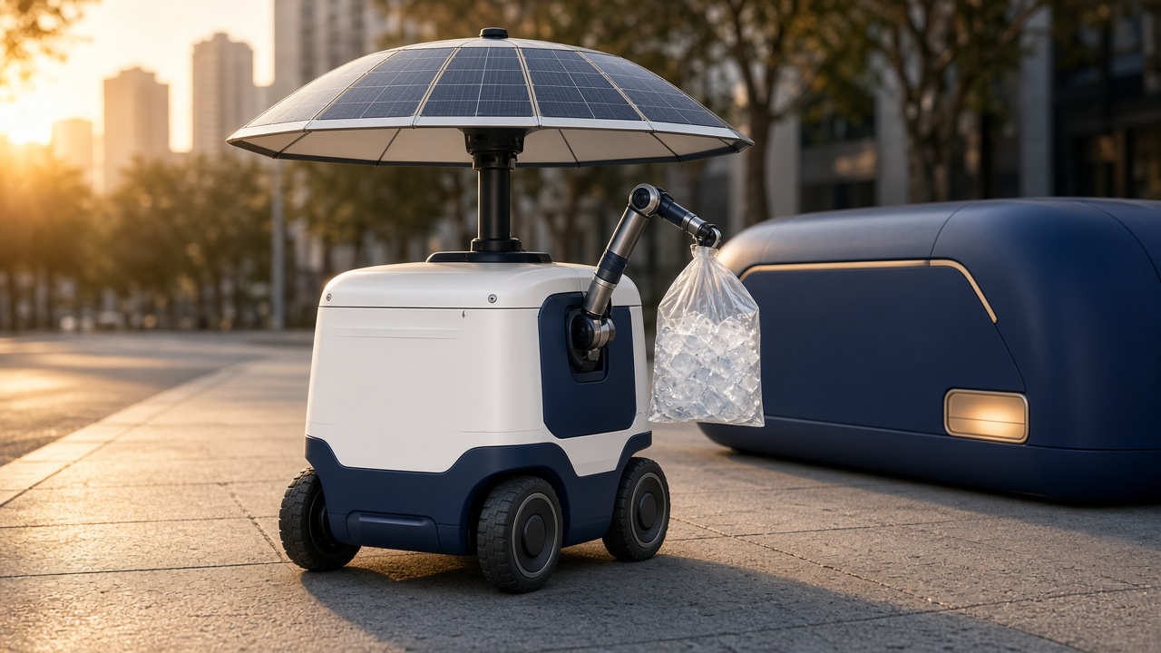 Concept render of a NapDock service robot: rolling insulated cooler with an articulated arm holding a bag of ice, under a solar umbrella canopy, next to a street pod